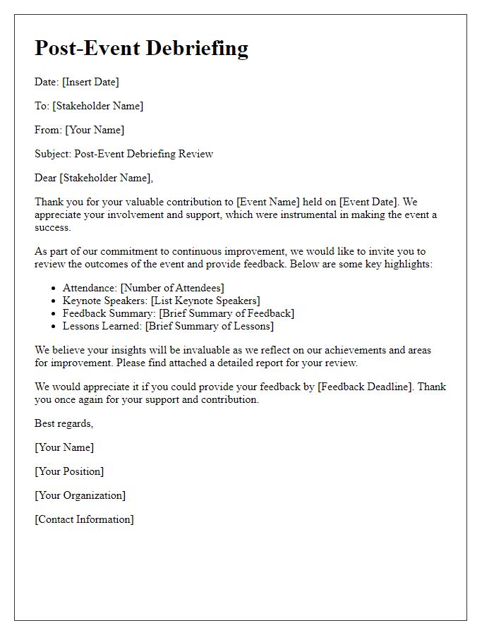 Letter template of post-event debriefing for stakeholder review