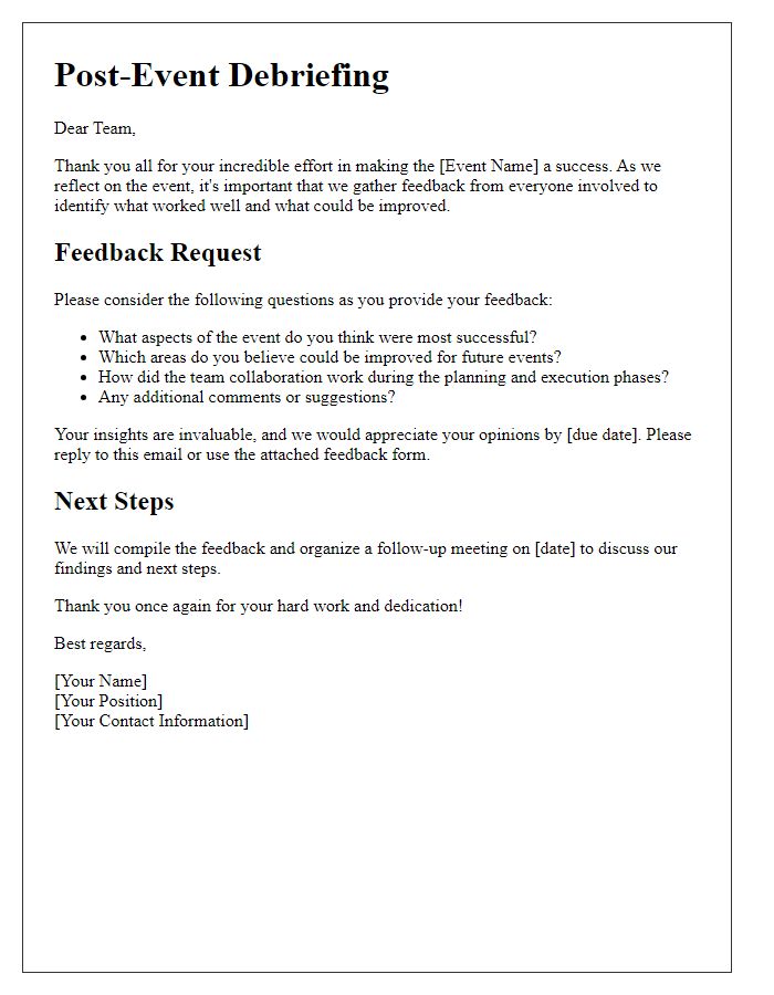 Letter template of post-event debriefing for team feedback