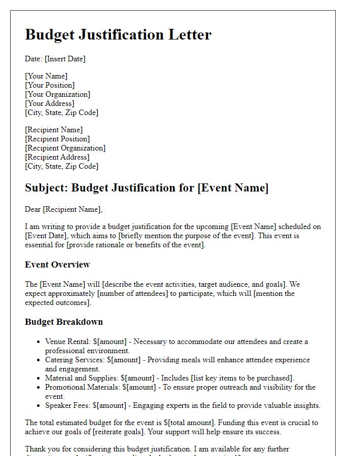 Letter template of budget justification for event planning