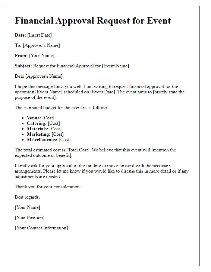 Letter template of financial approval request for event