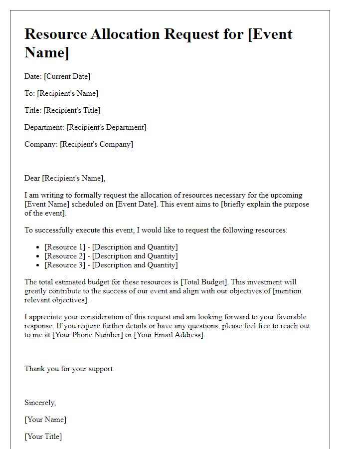 Letter template of resource allocation request for event