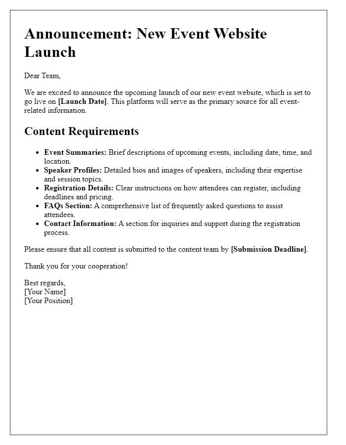 Letter template of announcement for new event website content requirements