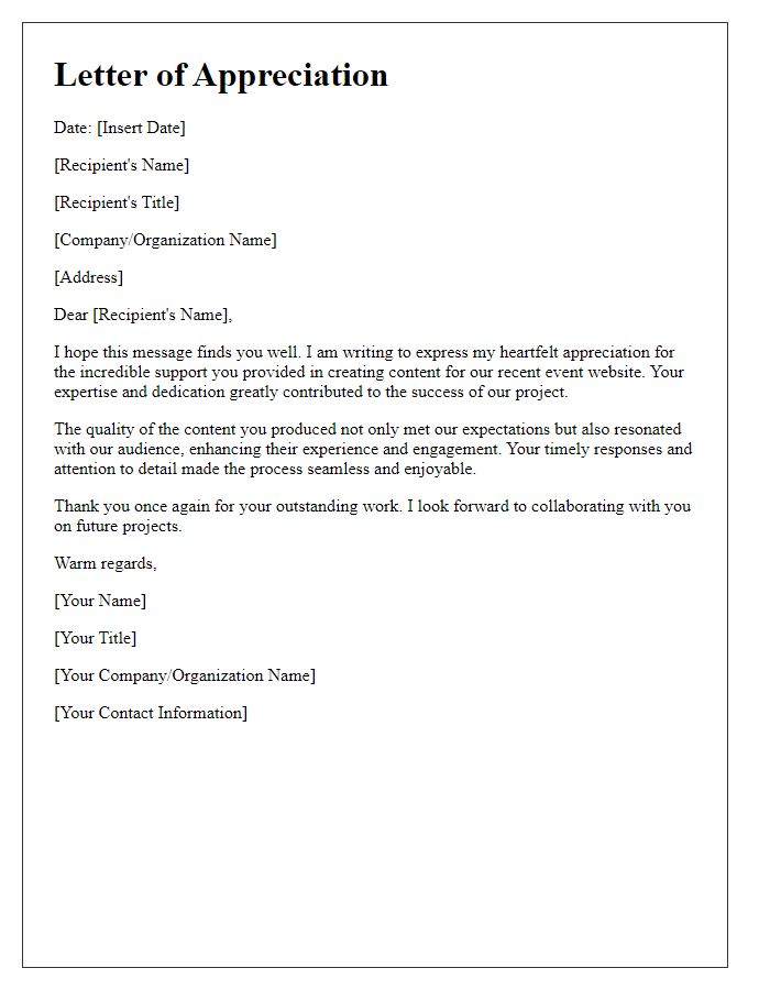 Letter template of appreciation for event website content support