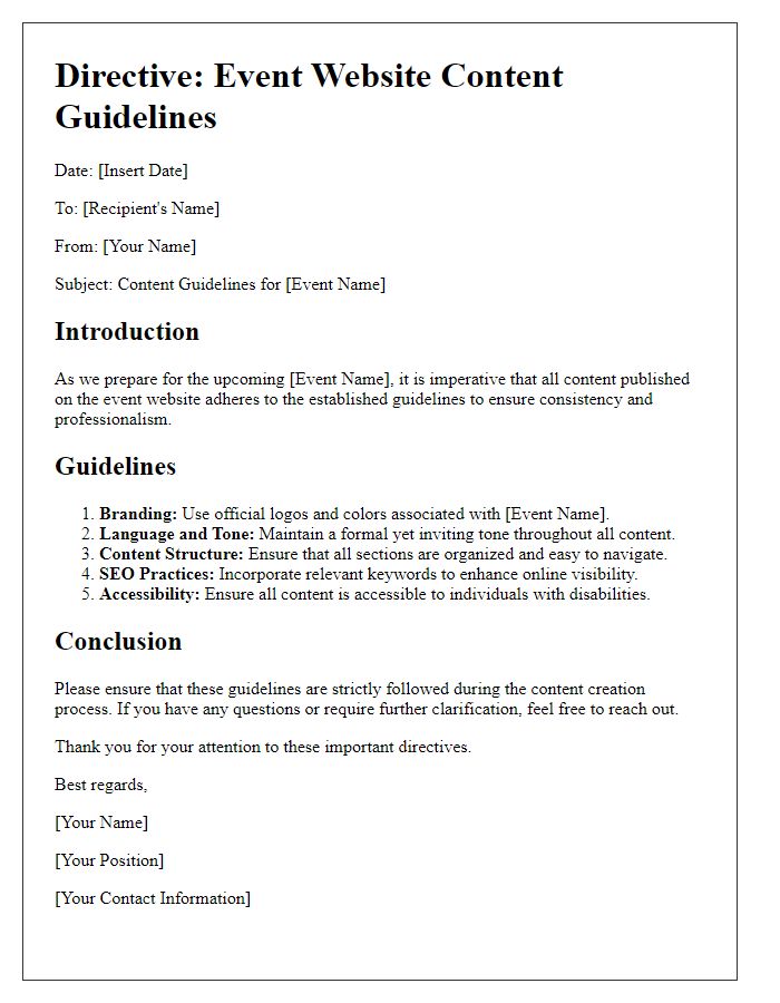 Letter template of directive for event website content guidelines