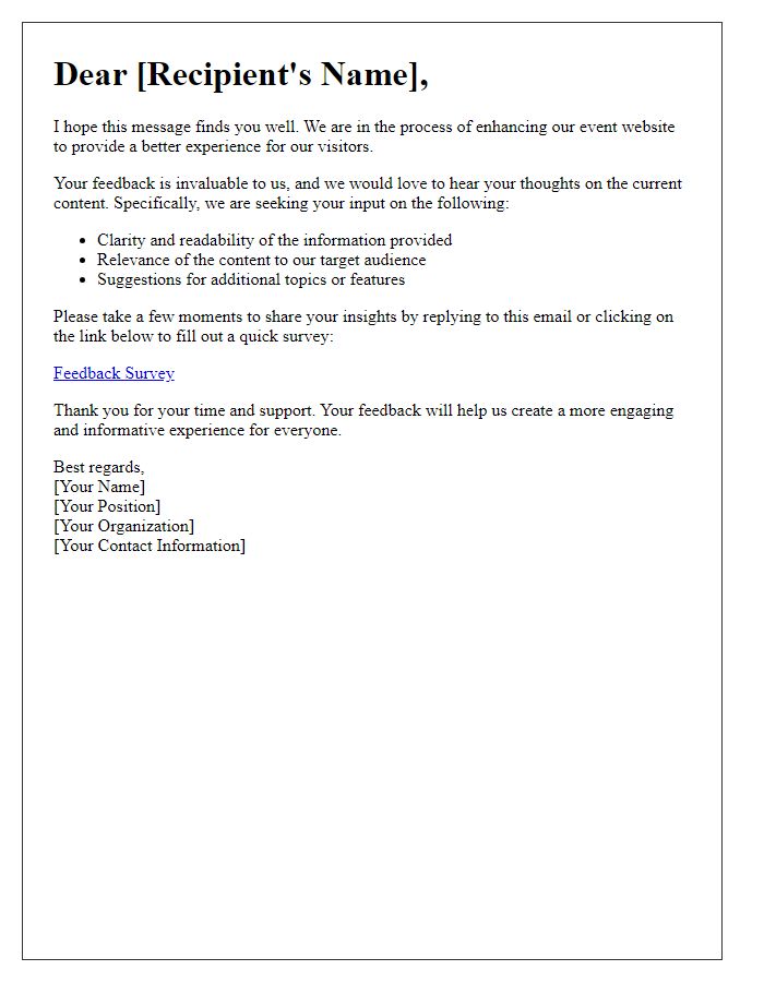 Letter template of feedback request for event website content improvement