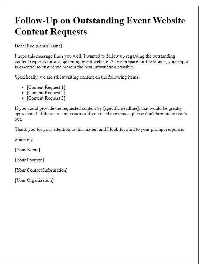 Letter template of follow-up for outstanding event website content requests