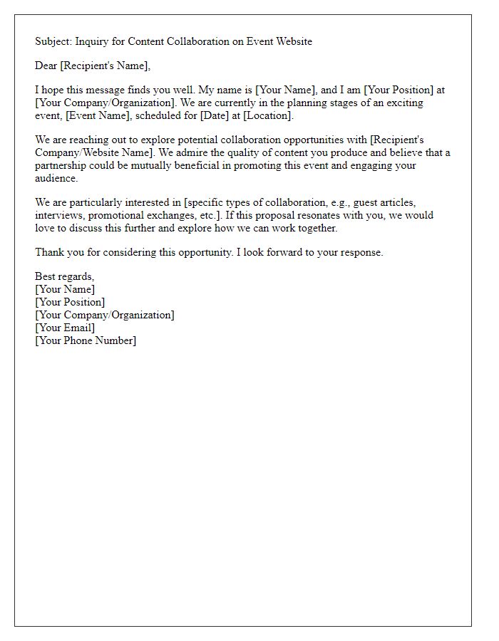 Letter template of inquiry for event website content collaboration