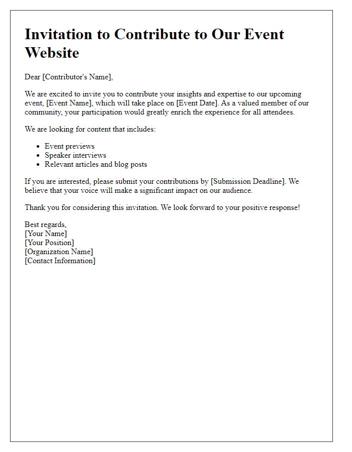 Letter template of invitation for event website content contribution