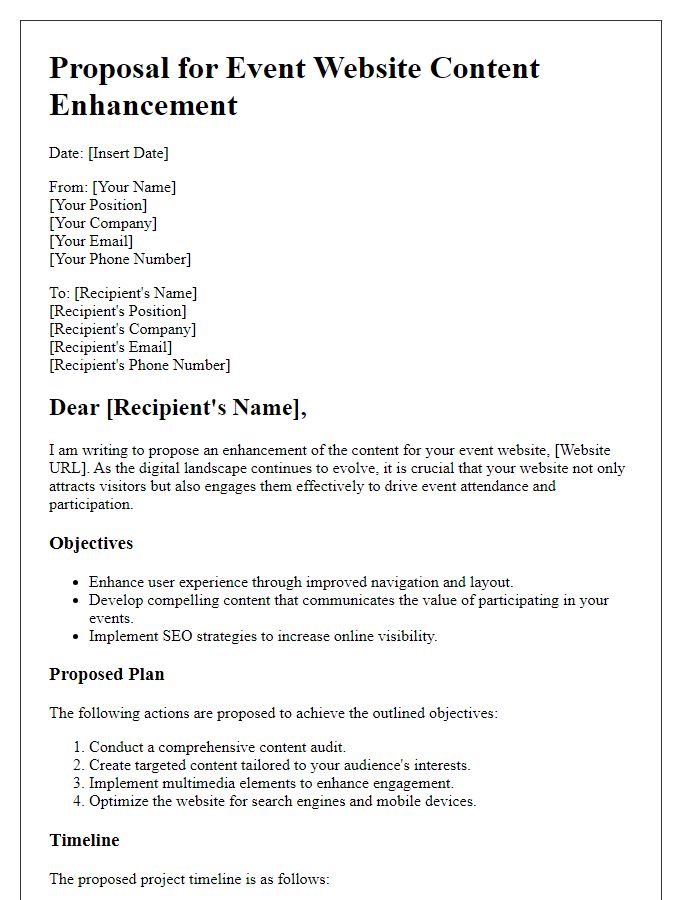 Letter template of proposal for event website content enhancement