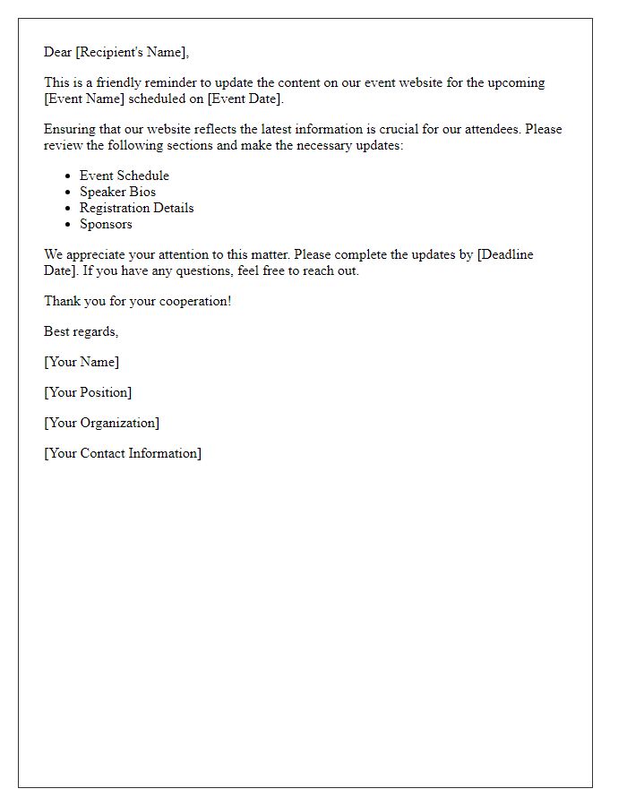Letter template of reminder for event website content updates