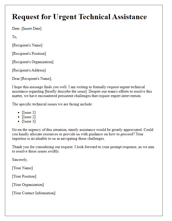 Letter template of appeal for urgent technical assistance