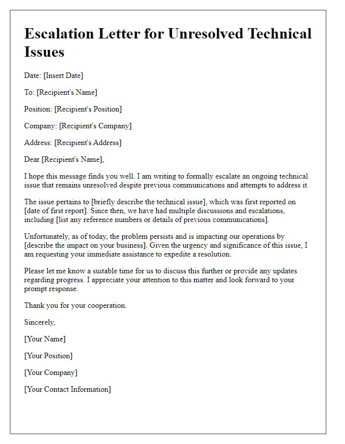 Letter template of escalation for unresolved technical issues