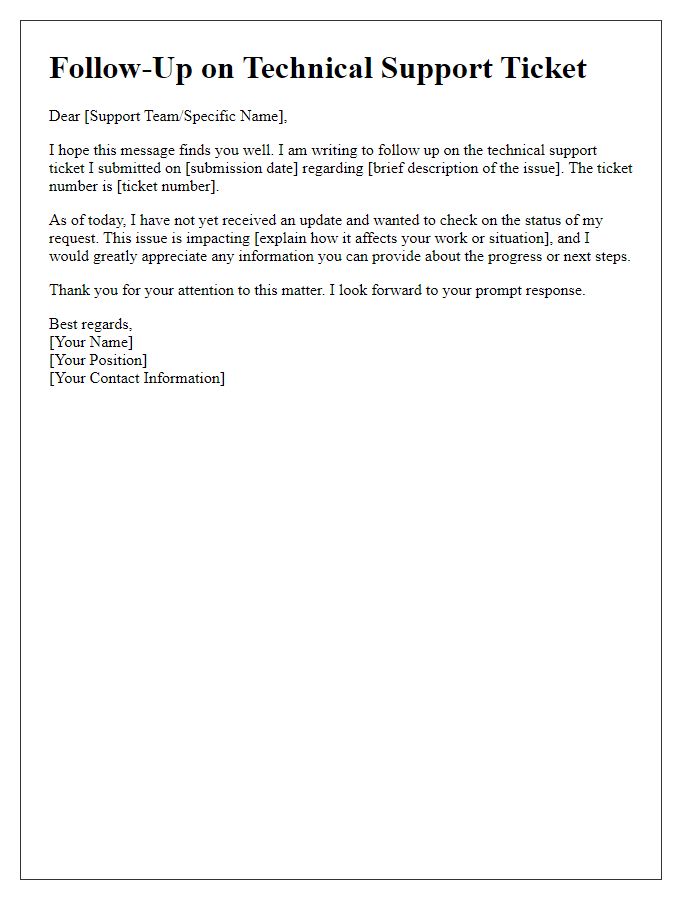 Letter template of follow-up on technical support ticket