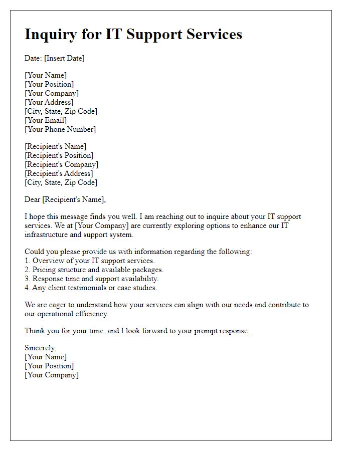 Letter template of inquiry for IT support services