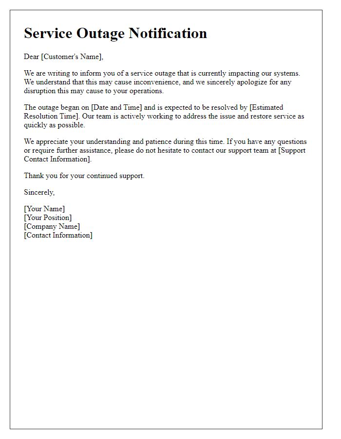 Letter template of notification for service outage requiring support