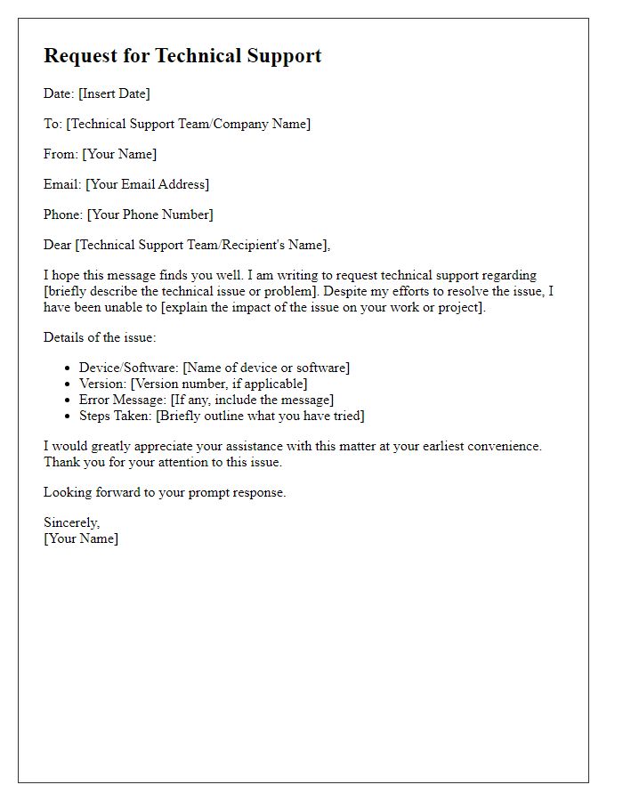 Letter template of request for technical support