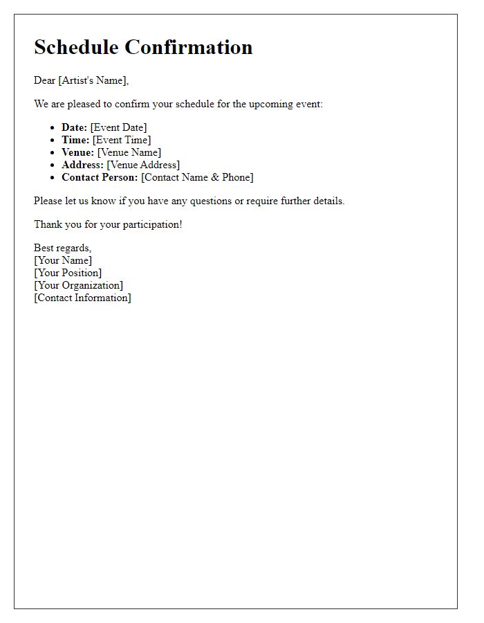 Letter template of artist schedule confirmation