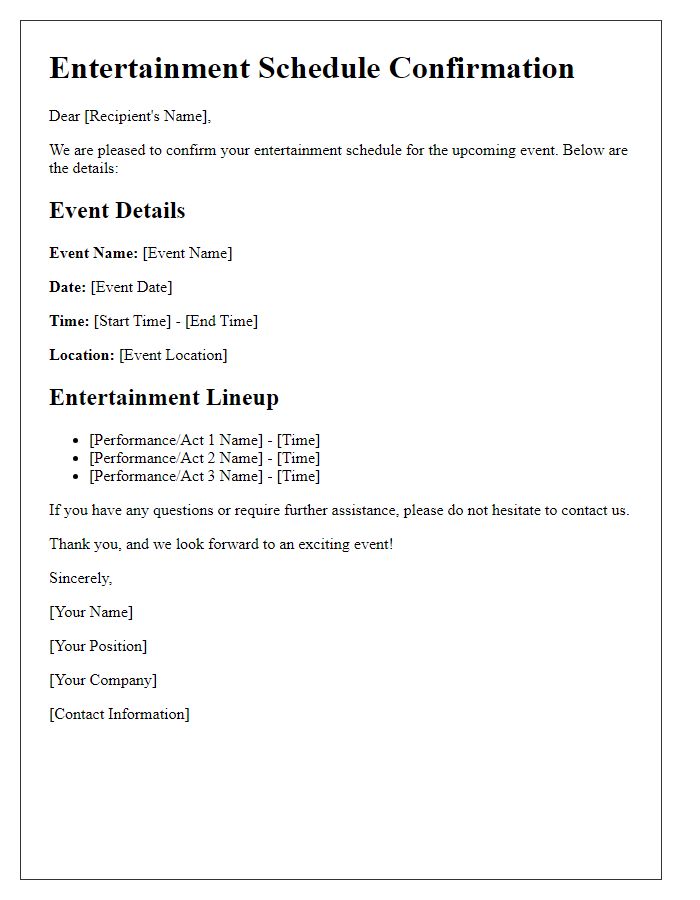 Letter template of entertainment schedule confirmation