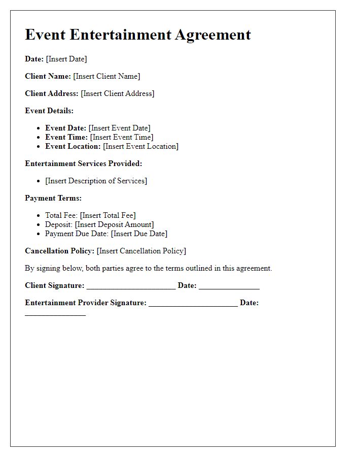 Letter template of event entertainment agreement