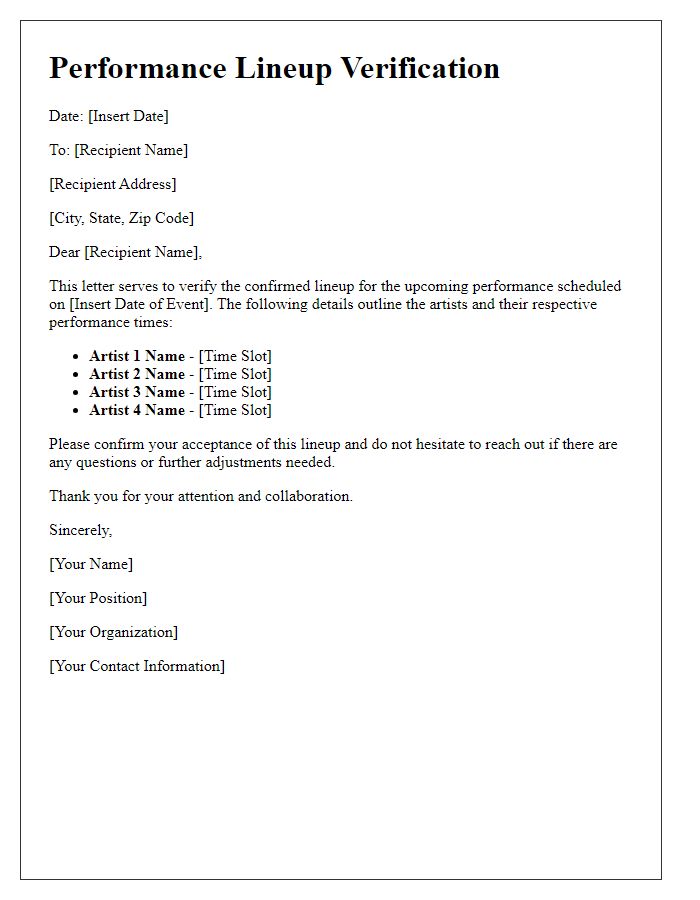 Letter template of performance lineup verification