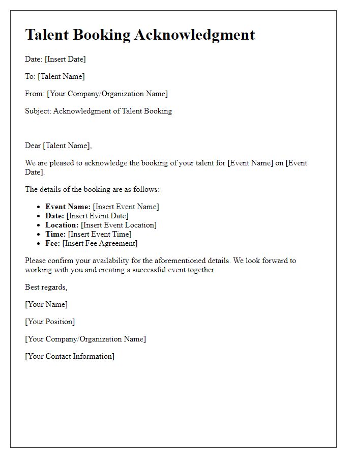 Letter template of talent booking acknowledgment