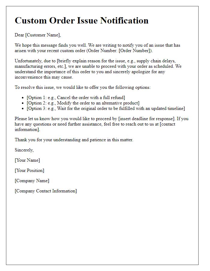 Letter template of custom order issue notification