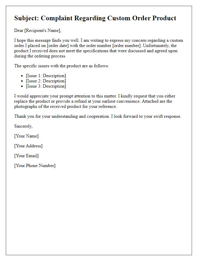 Letter template of custom order product complaint