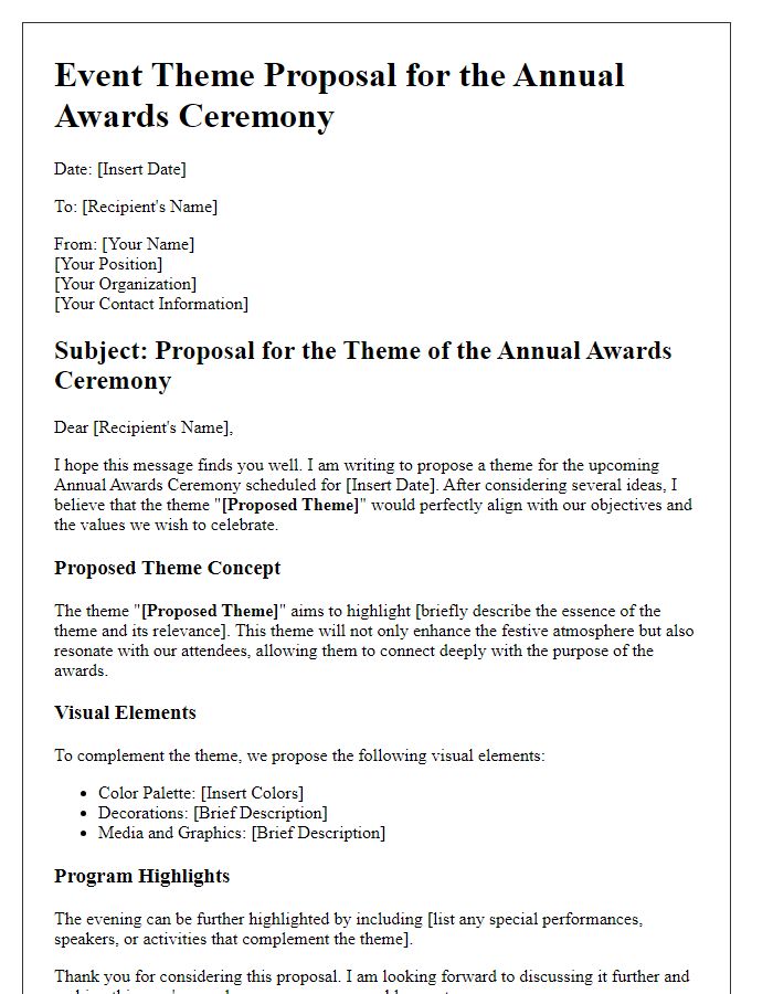 Letter template of an event theme proposal for an awards ceremony.