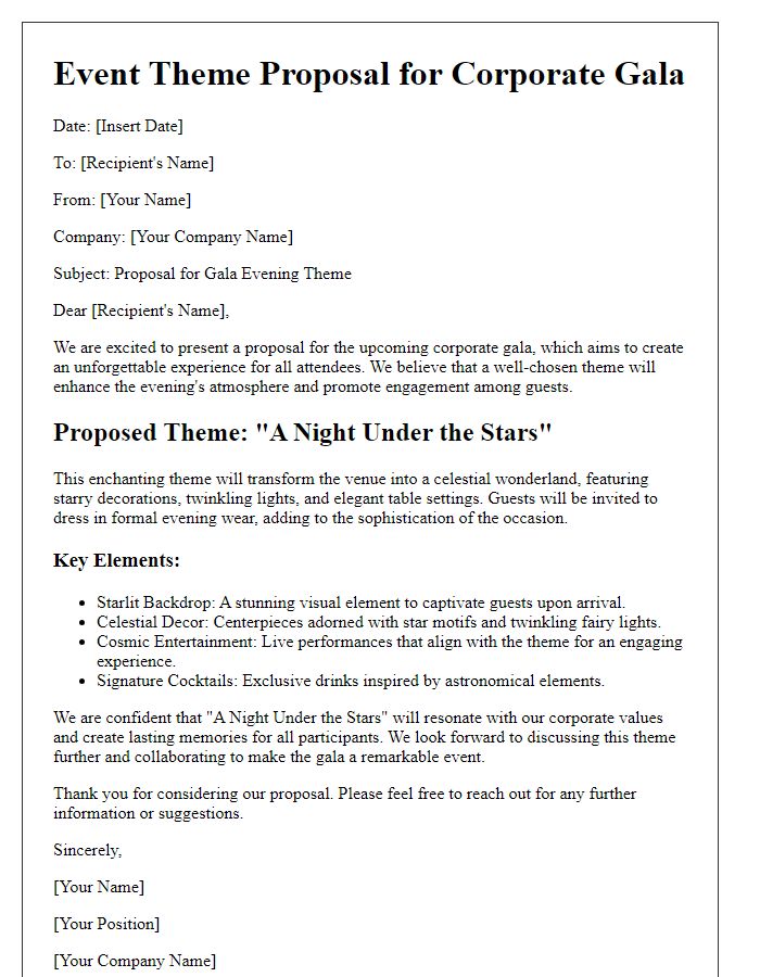 Letter template of an event theme proposal for a corporate gala.