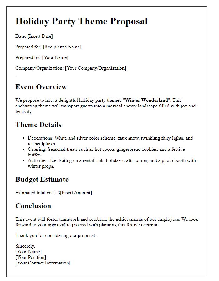 Letter template of an event theme proposal for a holiday party.