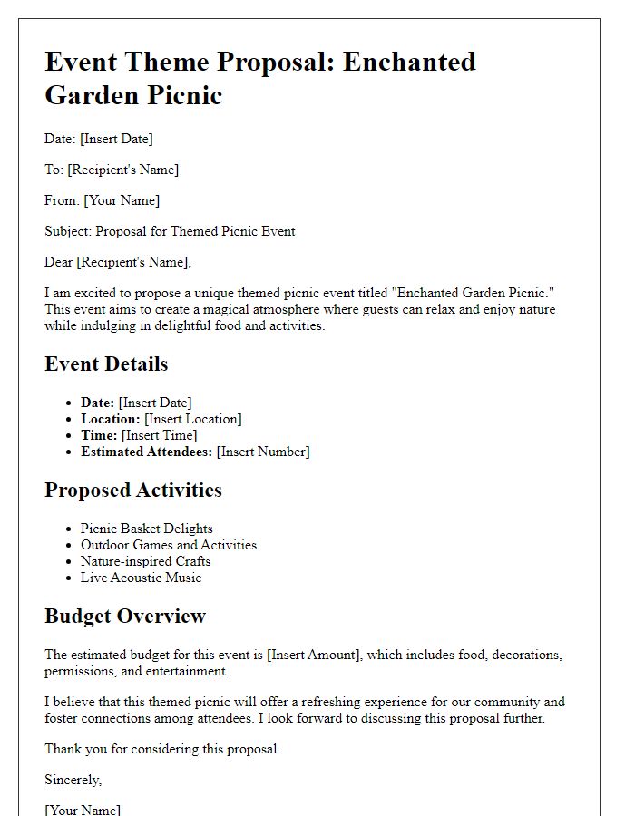 Letter template of an event theme proposal for a themed picnic.