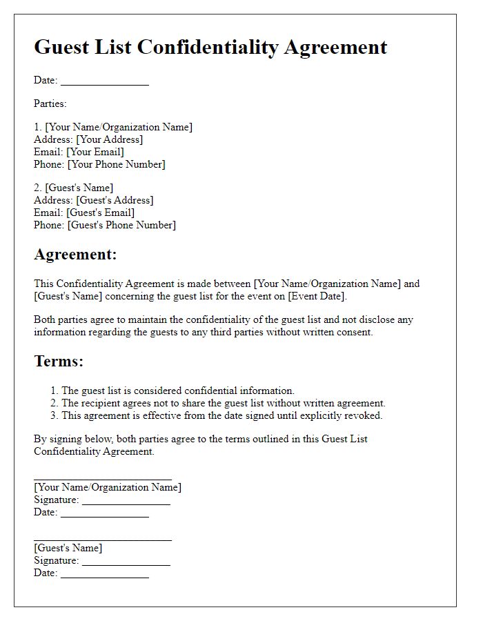 Letter template of guest list confidentiality agreement