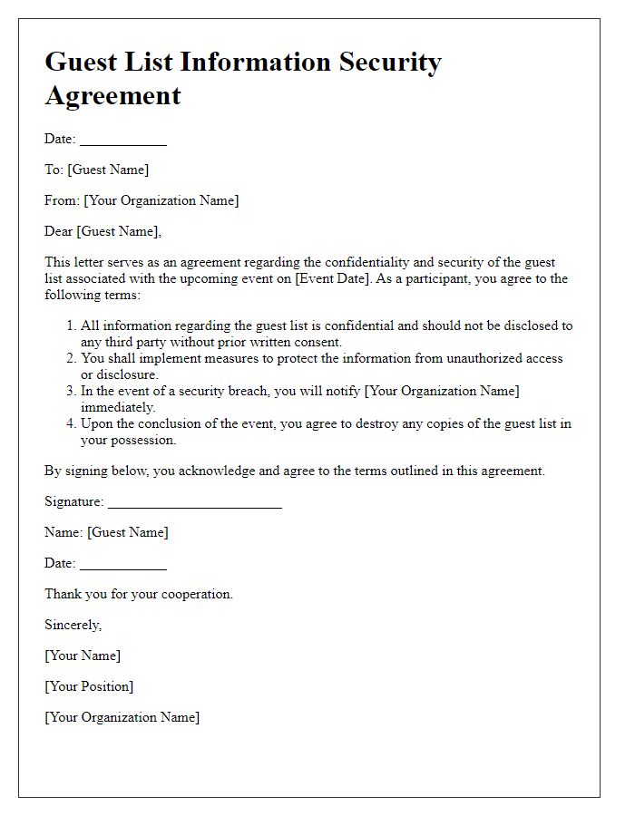 Letter template of guest list information security agreement