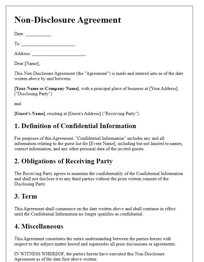 Letter template of guest list non-disclosure agreement