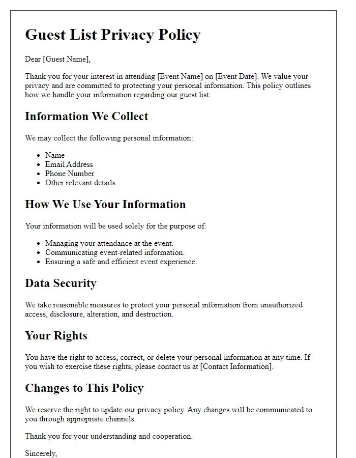 Letter template of guest list privacy policy