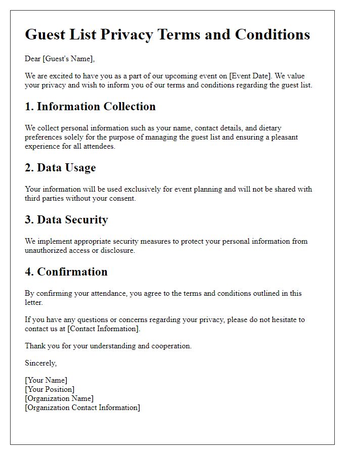Letter template of guest list privacy terms and conditions