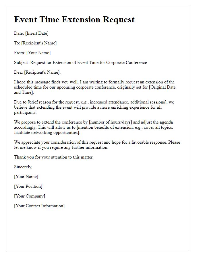 Letter template of Event Time Extension Request for Corporate Conference