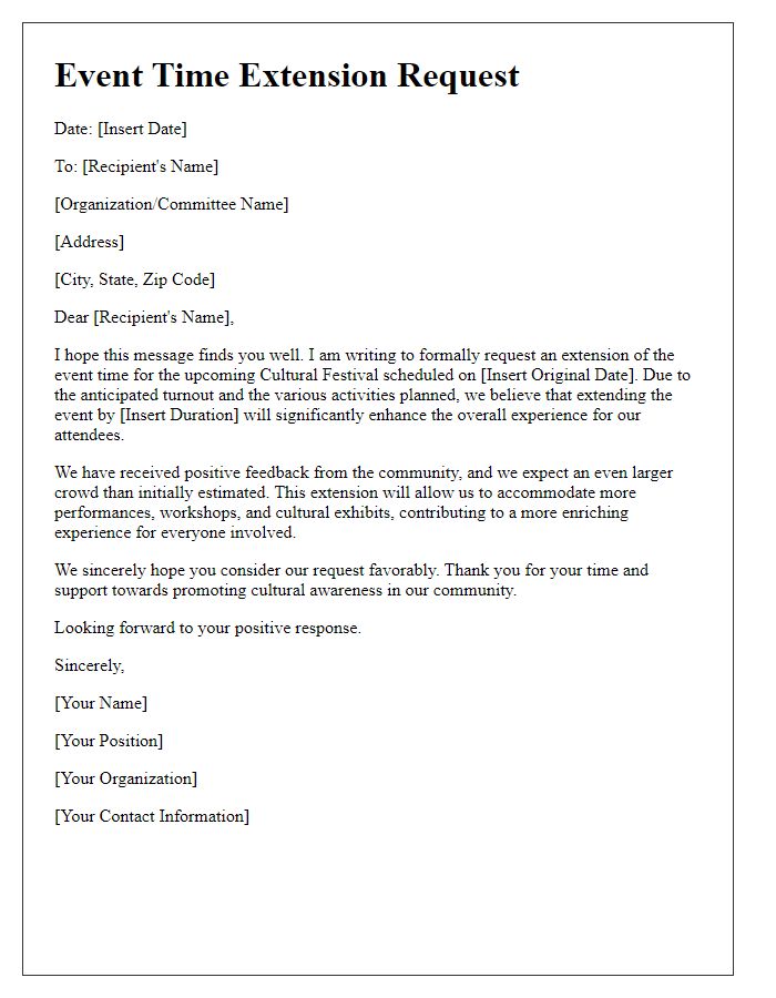 Letter template of Event Time Extension Request for Cultural Festival