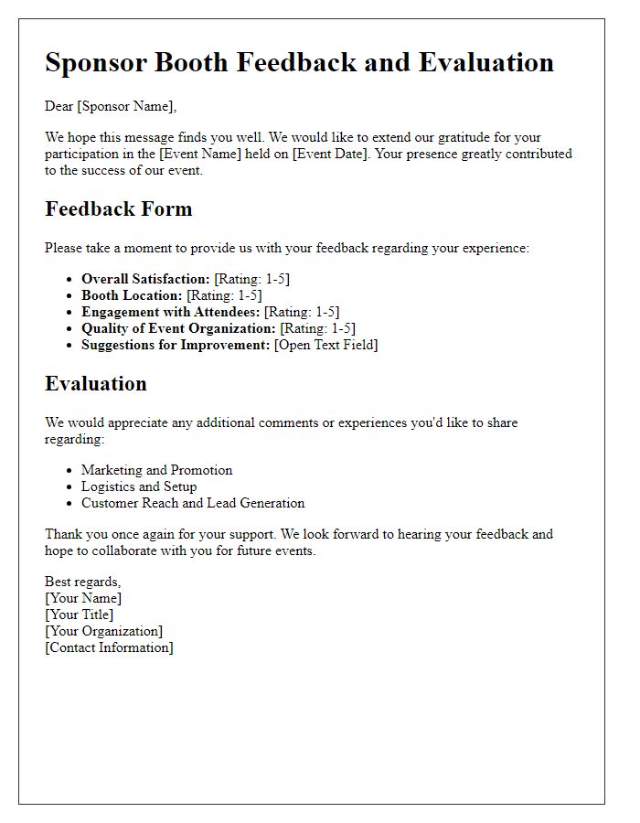 Letter template of sponsor booth feedback and evaluation