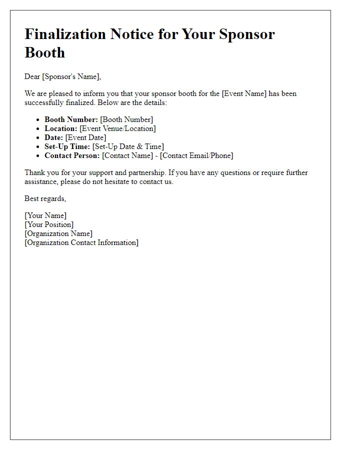 Letter template of sponsor booth finalization notice