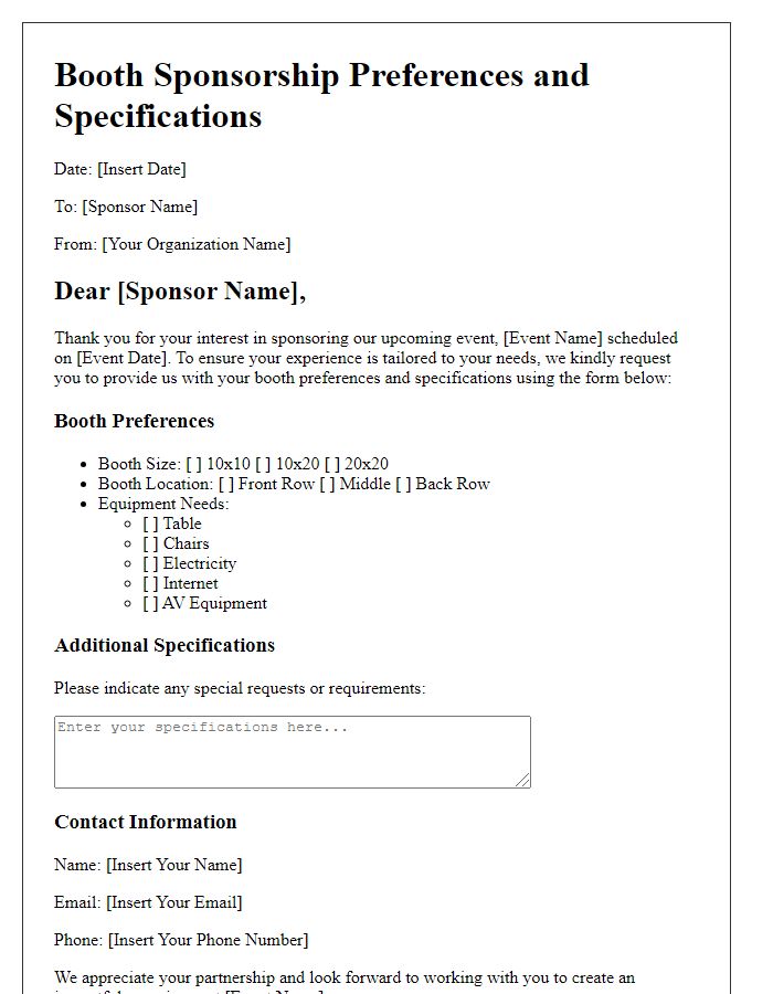 Letter template of sponsor booth preferences and specifications