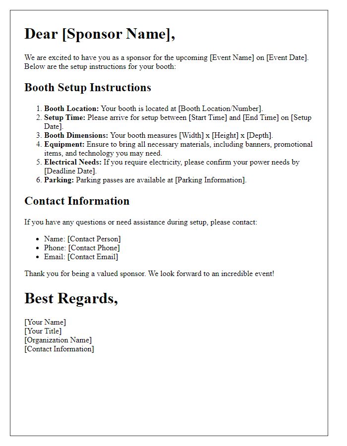 Letter template of sponsor booth setup instructions