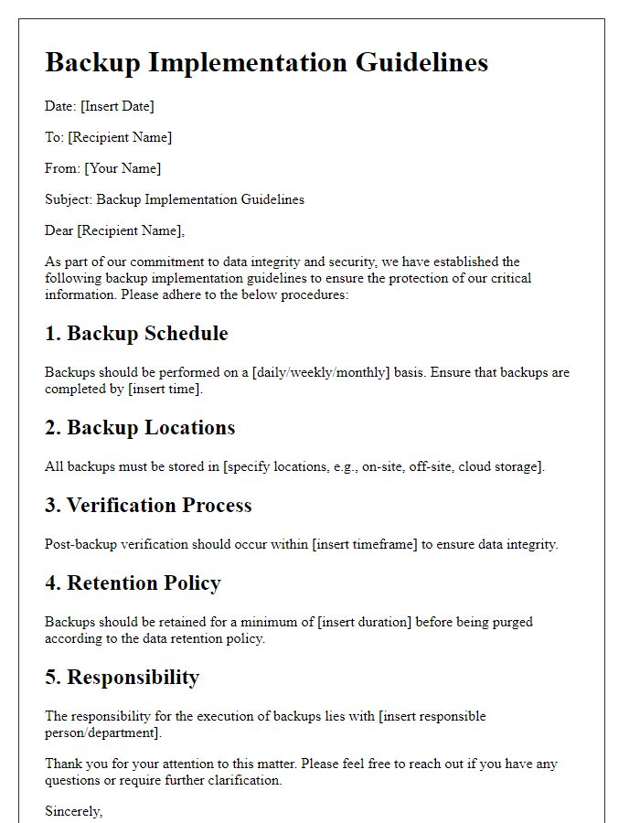 Letter template of backup implementation guidelines