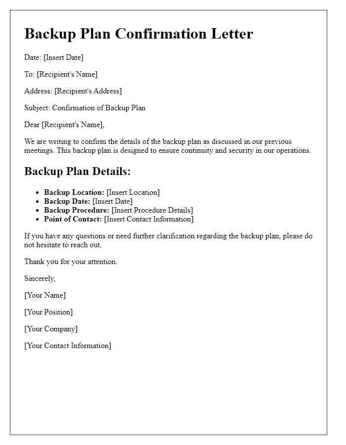 Letter template of backup plan confirmation