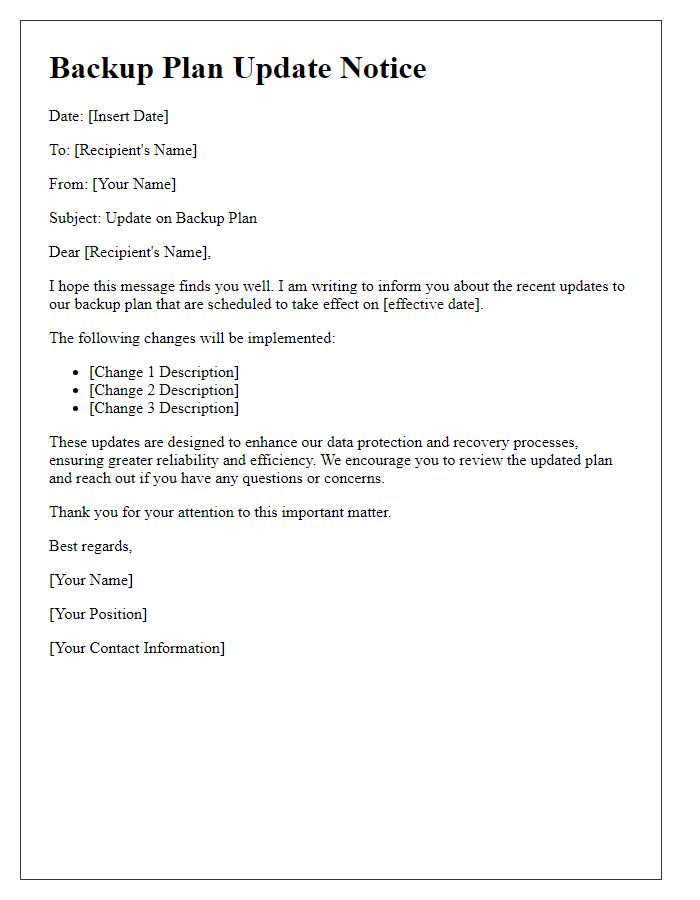 Letter template of backup plan update notice