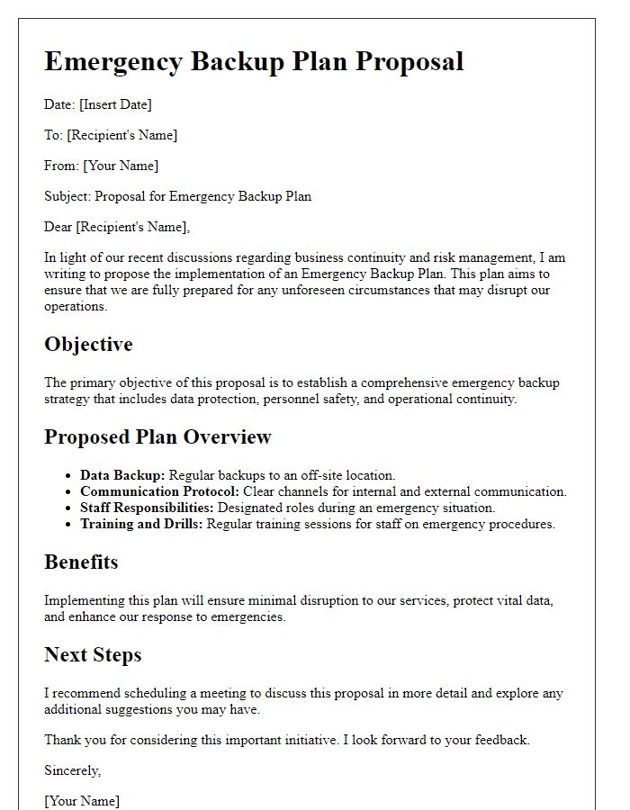 Letter template of emergency backup plan proposal