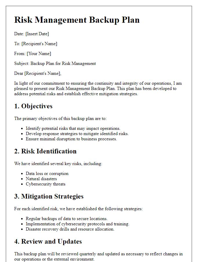 Letter template of risk management backup plan