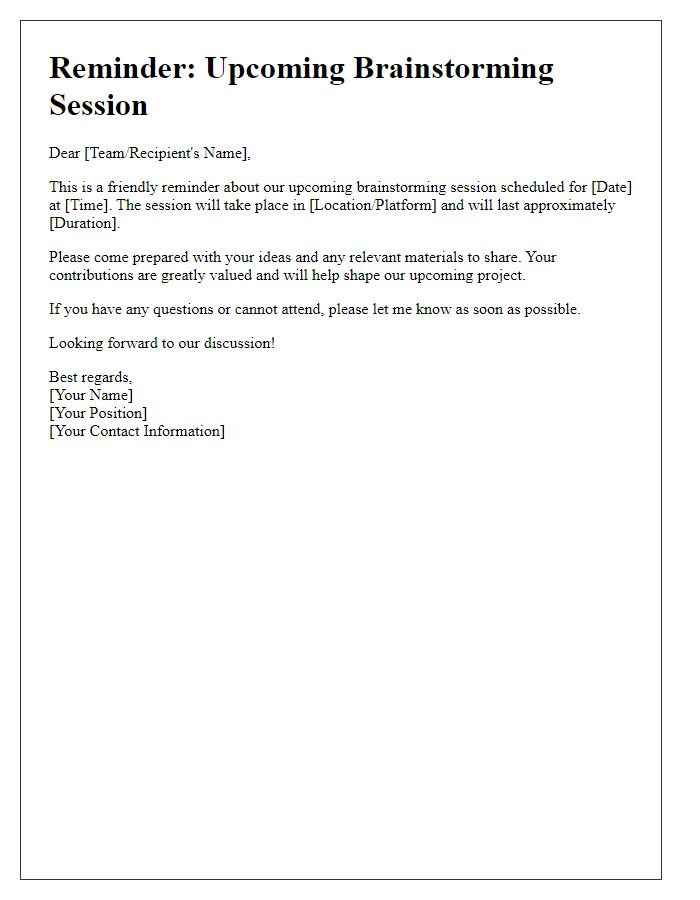 Letter template of reminder for upcoming event brainstorming session