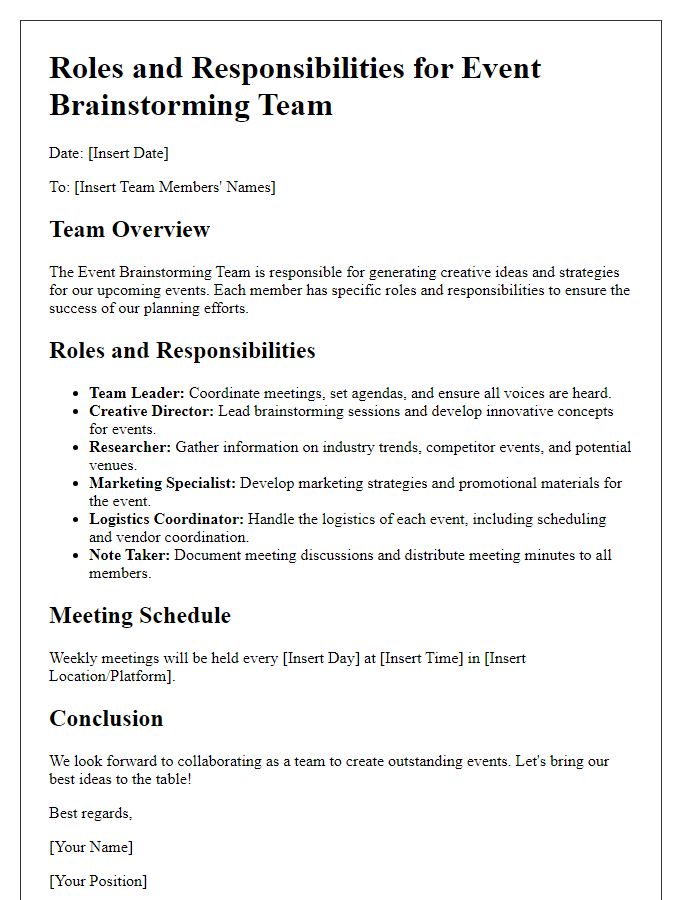 Letter template of roles and responsibilities for event brainstorming team