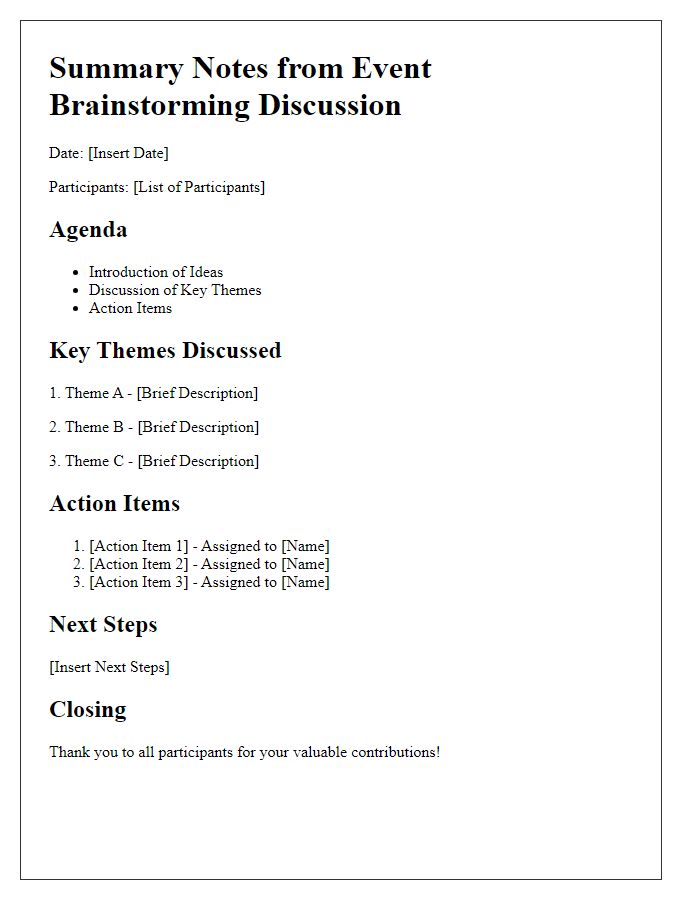 Letter template of summary notes from event brainstorming discussion